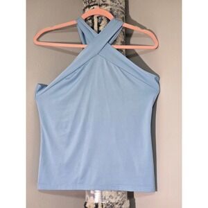 Light Blue Halter Neck Crossover Wrap Front Sleeveless Blouse Top Womens